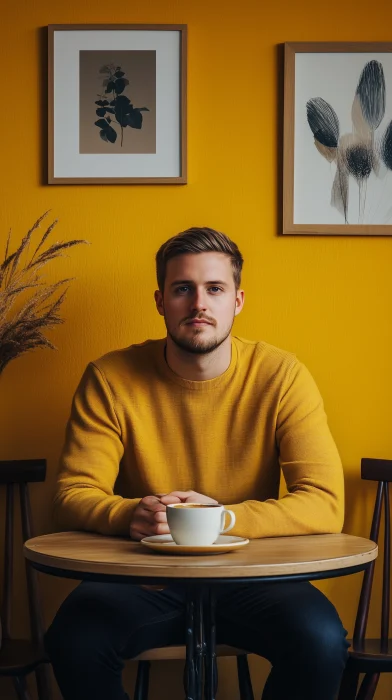 Middle Class Home Interior with Man and Coffee