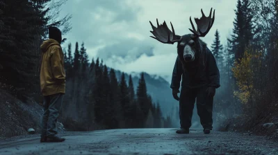 Wolfman Sneaking up on Man in Moose Costume