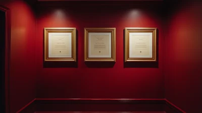 Red Wall with Gold Framed Diplomas