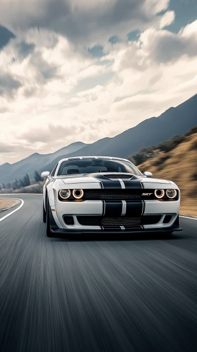 White Dodge Challenger SRT Racing Down Open Road