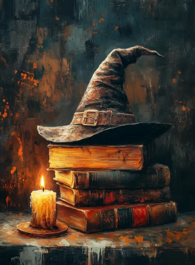 Vintage Oil Painting of Books and Witch’s Hat