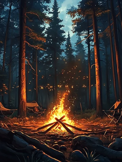 Night Campfire in the Forest