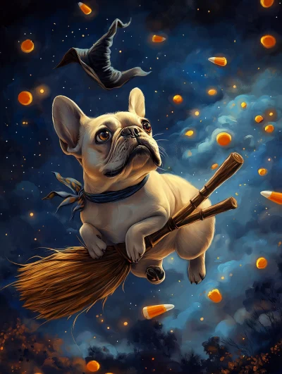 French Bulldog Witch Flying on Broom