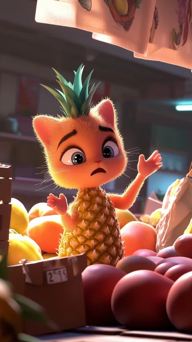 Anthropomorphic Pineapple Cat in a Market