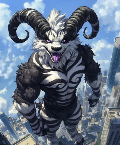 Muscular Black and White Dragon Fursona in the City