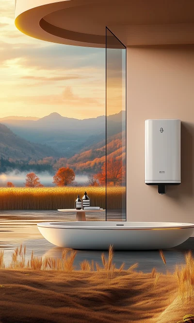 Futuristic Bathroom with Autumn View