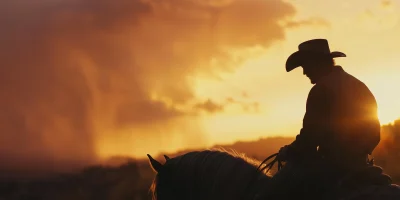 Cowboy on Horse Silhouette at Sunset