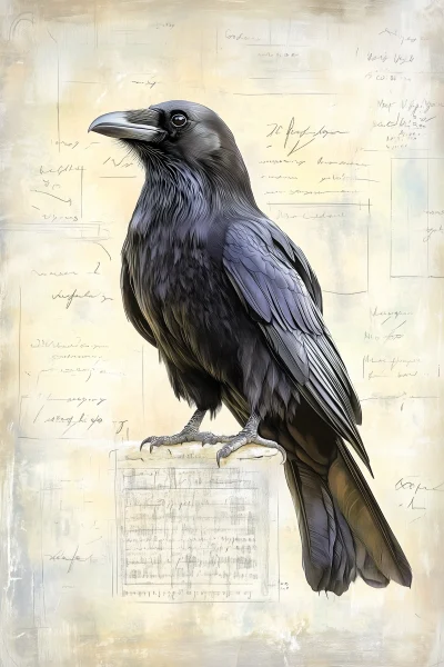 Vintage Raven Sketch on Paper Background