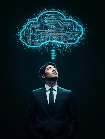 Confident Businessman with Futuristic Tech Cloud