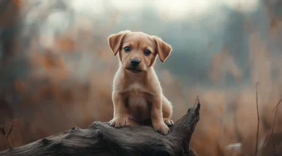 Cute Puppy on Old Tree Branch