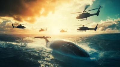 Helicopters attacking a whale in the ocean