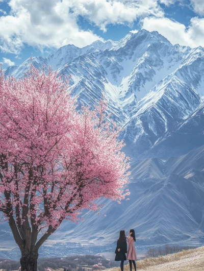 Pink Peach Tree Blossoms in Snow