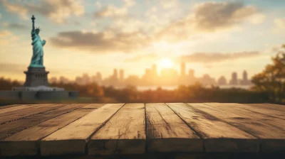 Blurry Statue of Liberty on Old Wooden Table