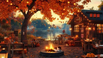 Cozy Autumn Lakeside Coffee Shop