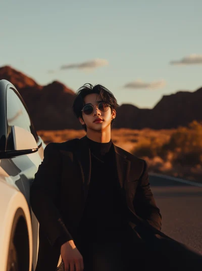 Asian guy in sunglasses posing next to Tesla Model Y