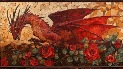 Thorns and Heart Red Dragon with Roses Parquetry