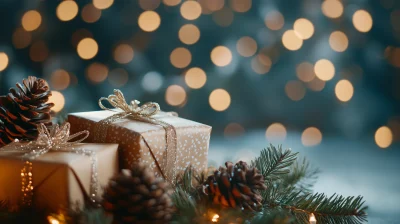 Christmas and New Year Background with Gift Boxes and Pine Cones