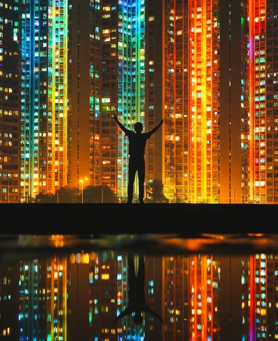 Dancing man reflection at Kowloon Walled City