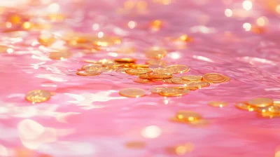 Floating Gold Coins on Pink Water Surface