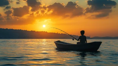 Silhouette Fisher Kid in Fisher Boat