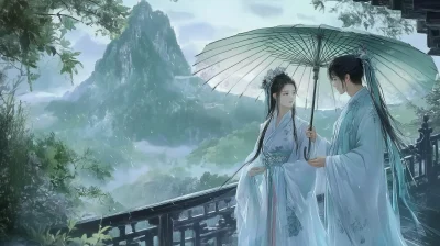 Bai Suzhen and Xiaoqing Holding Umbrellas on Emei Mountain