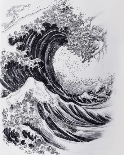 Black Ball Pen Illustration of The Great Wave off Kanagawa