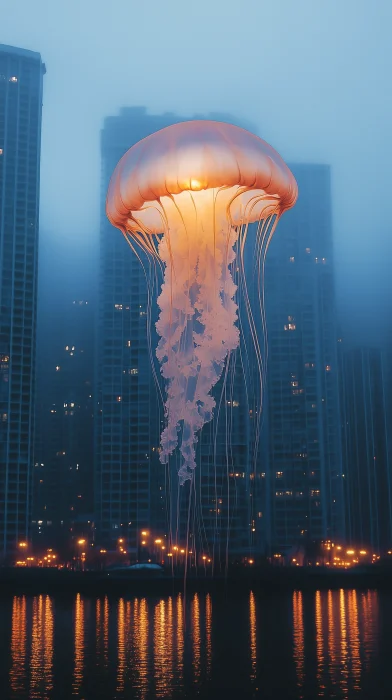 Jellyfish in Foggy City Twilight