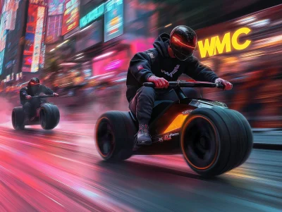 Three young boys racing in a cyberpunk city