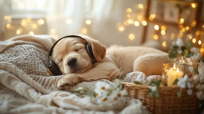 Chubby Golden Retriever Puppy Sleeping in Vintage Room