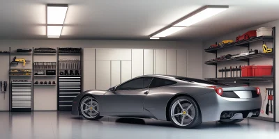 Modern Garage with Sports Car and Tool Shed