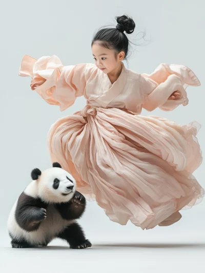 Jumping Chinese Girl with Panda