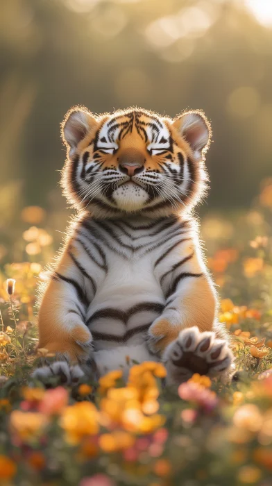 Chubby Tiger Cub in a Field of Flowers