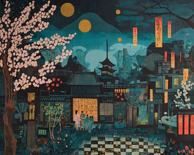 Night Life in Edo Era Inspired Painting