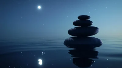 Moonlit Black Rocks on Calm Water