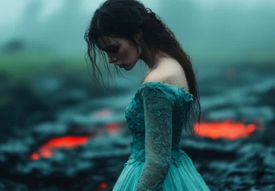 Woman in Flowing Dress on Lava