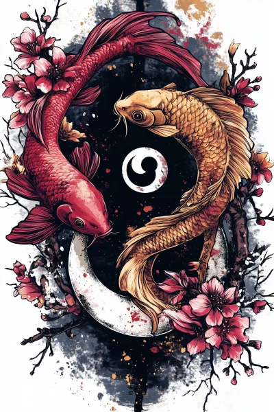 Yin Yang Sakura and Koi Fish Artwork