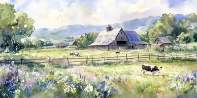 Country Farmhouse with Barn and Cows