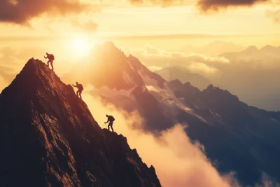 Climbers Reaching Summit at Sunrise