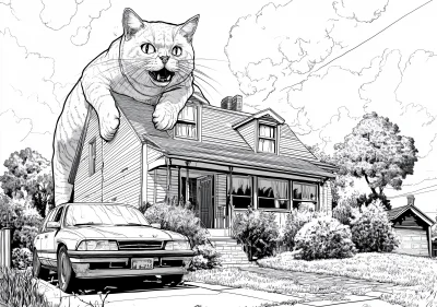 Giant Cats in Suburban House