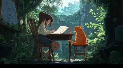 Girl and Cat in Ancient Forest