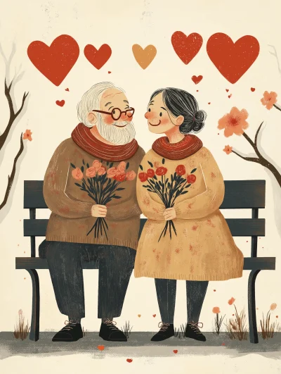 Elderly Couple on Bench with Flowers