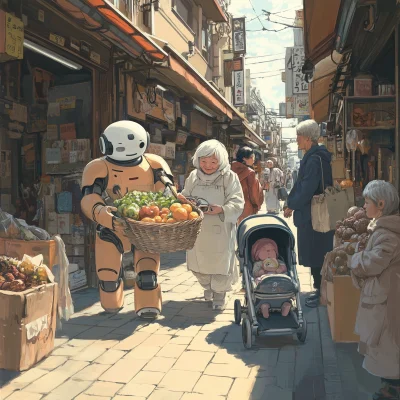 Tokyo Traditional Market with Robots and Elderly People