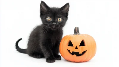 Black Kitten with Halloween Jack