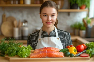 Young Woman with Smoked Salmon Meal