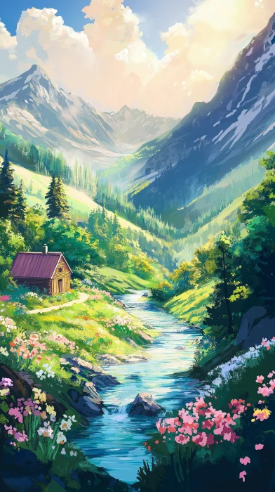 Tranquil Valley Cabin Illustration