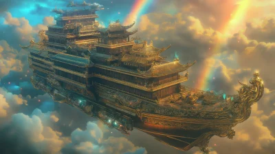 Fantasy Chinese Gilt Ship Floating in the Sky