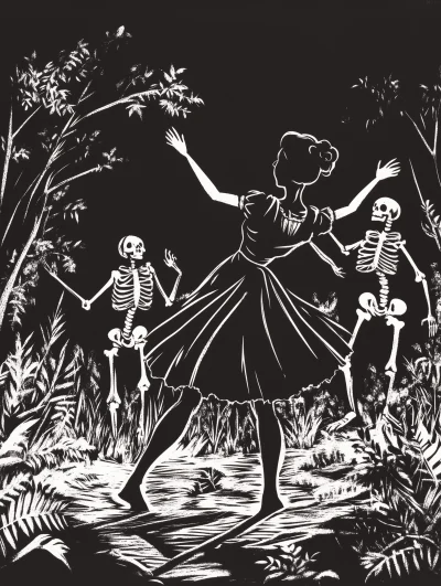 Linocut Dancing Women and Skeletons