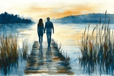 Romantic Lakeside Watercolor Painting