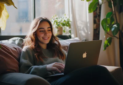 Woman working on laptop on a sofa