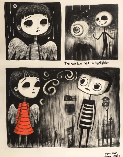 Four illustrations in the style of ‘The rain falls on highlighter paper’